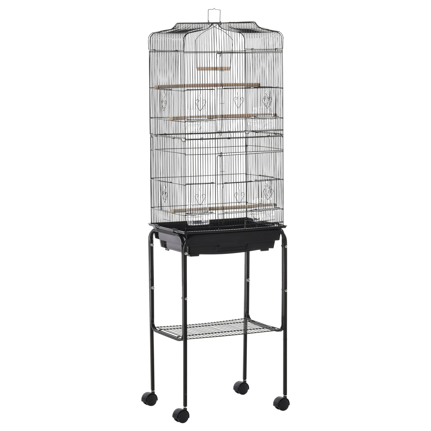 PawHut Bird Cage Budgie Cages For Finch Canary Parakeet With Stand Wheels Slide-out Tray Accessories Storage Shelf, Black 46.5 X 36 X 157 Cm