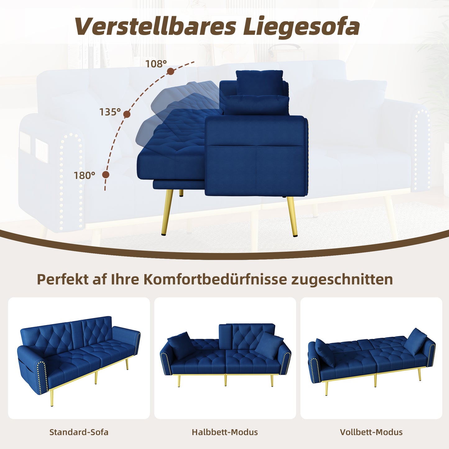 Double Fold Out Sofa Bed With Reclining Function, Three Adjustable Tilt Angles And Cup Holder. Suitable For Living Room, Bedroom, Home Theater Or Guest Room. Fabric Cover,Blue