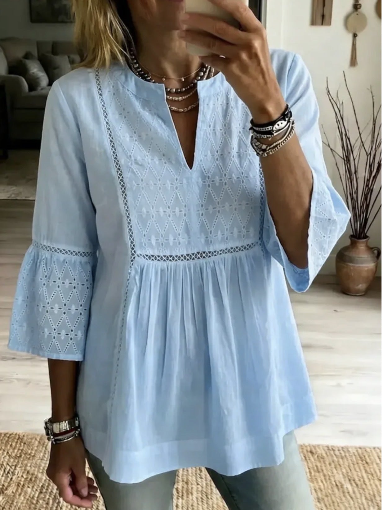 New V-neck Slit-panel Embroidered Three-quarter-sleeve Blouse