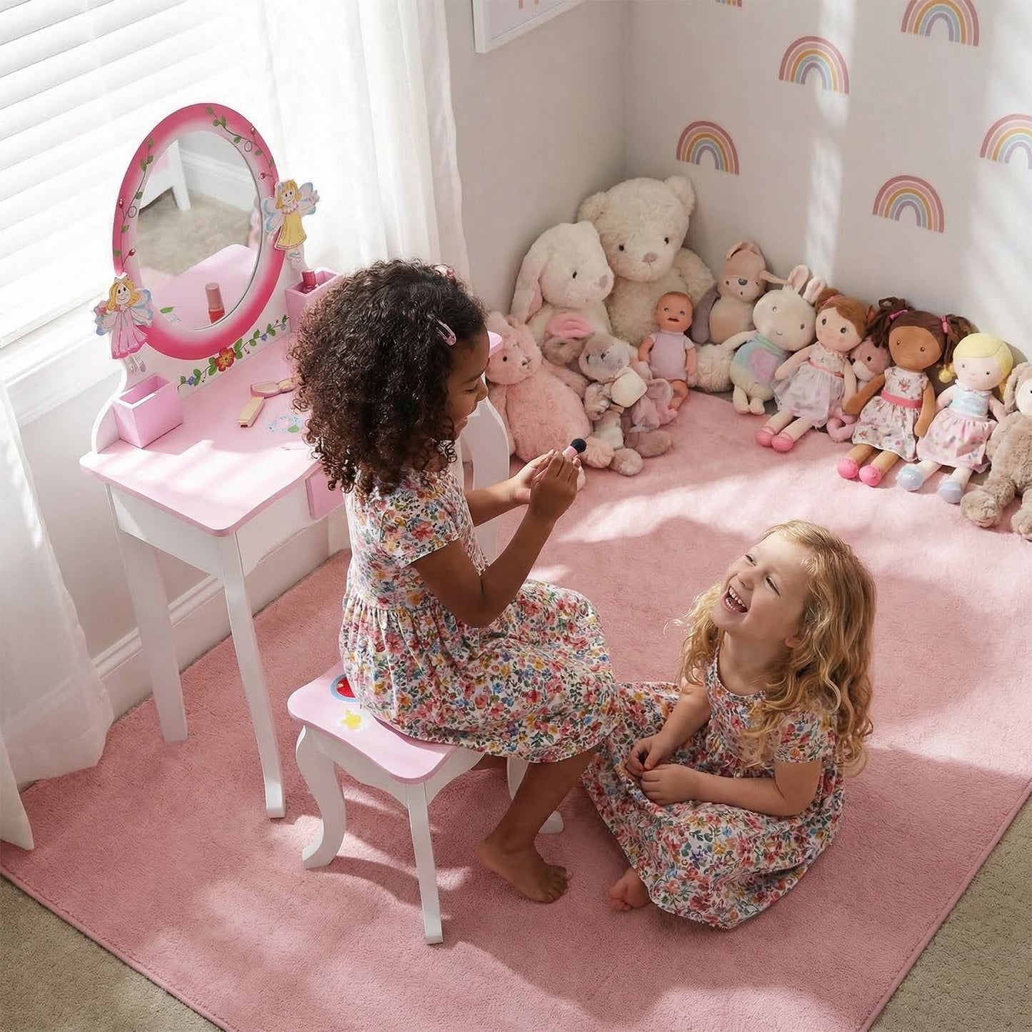 Kids Vanity Set Floral Printed Wooden Makeup Dressing Princess Table With Mirror And Stool For Role Playing Pink
