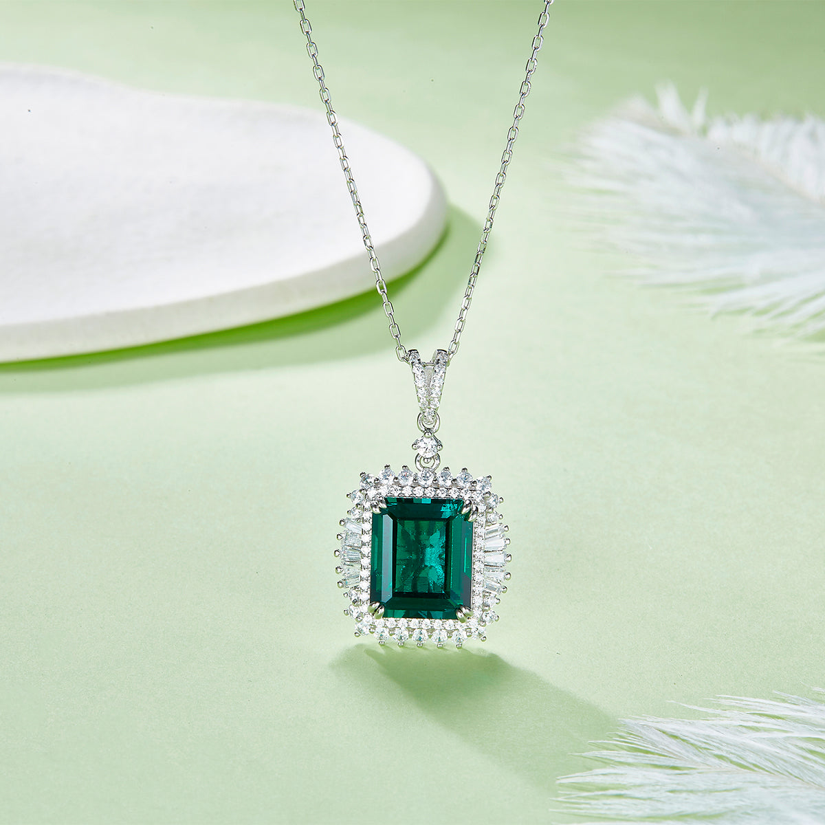 S925 Sterling Silver 10x12mm Lab-Grown Ruby Sapphire Emerald Halo Pendant Necklace, Platinum Plated 40&45cm Chain, 5.5g Women's Jewelry Gift Box
