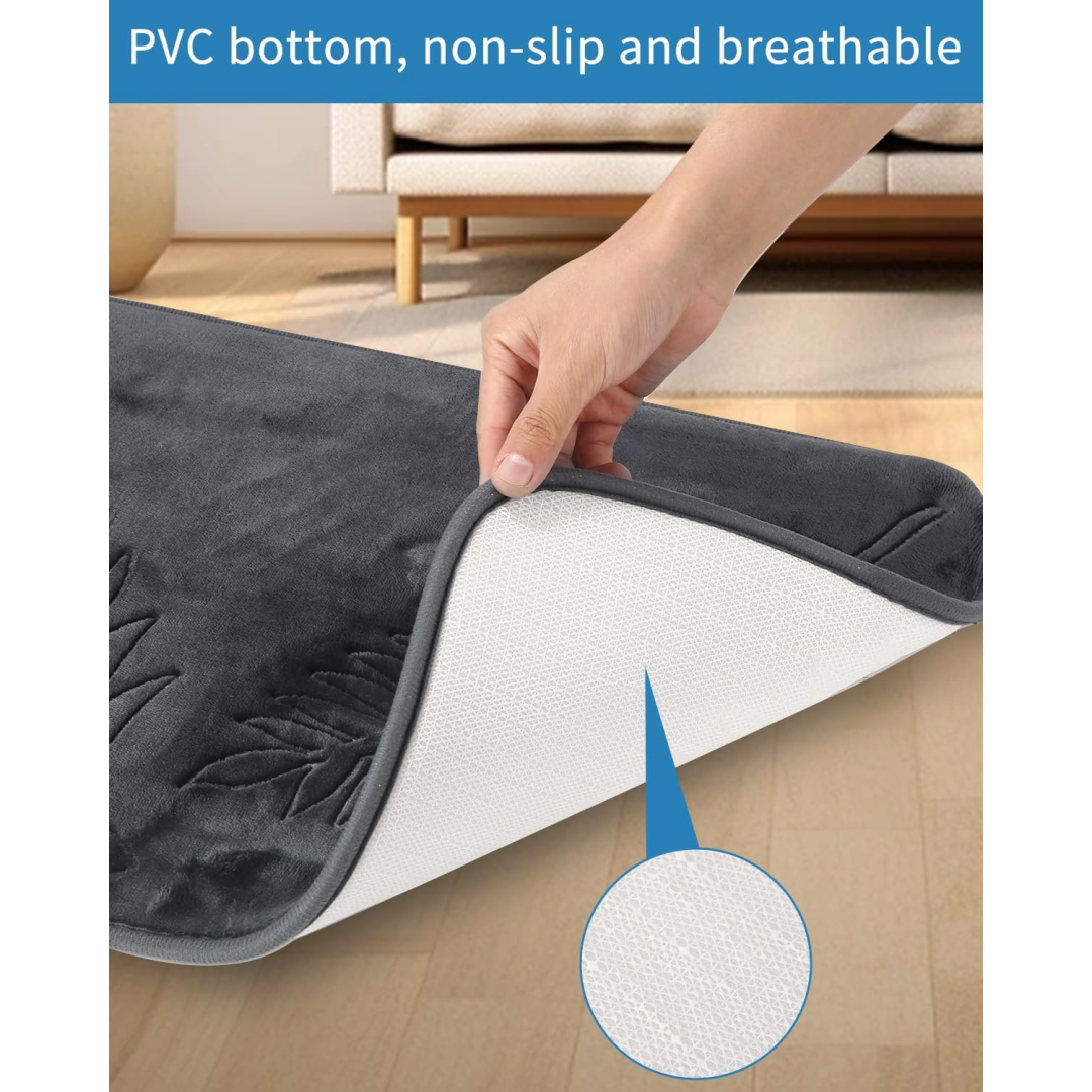 Non-slip Bath Mat 40 X 60 Cm, Thick And Absorbent, Memory Foam, Leaf Pattern - Dark Grey