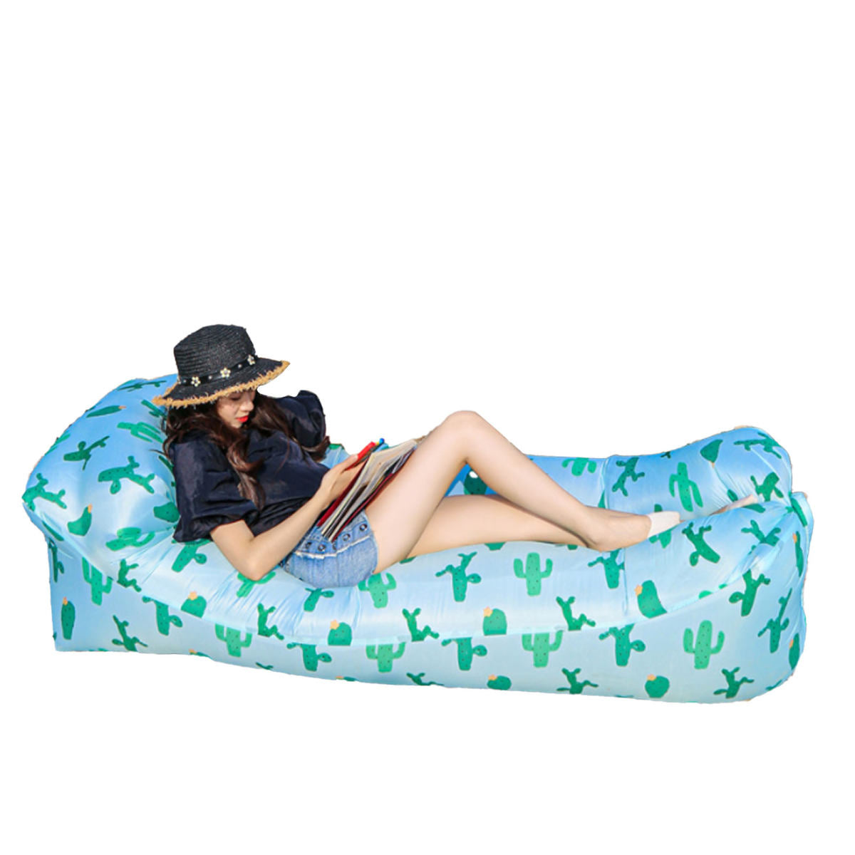 Inflatable Lounger Portable Foldable Polyester Fiber Comfortable Good Load Bearing Capacity Outdoor Air Chair For Hiking Picnic Music Festival Pillow Cacti 180x80cm / 70.9x31.5in