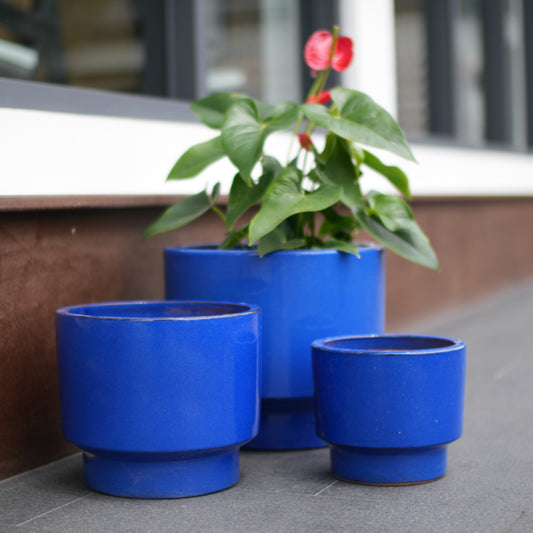 3-piece Handmade Ceramic Planter Set  38.1 30.5 22.9 Cm , Solid Color Blue Glaze, Ideal For Succulents Flowers, Indoor Outdoor, Breathable Porous Earthenware