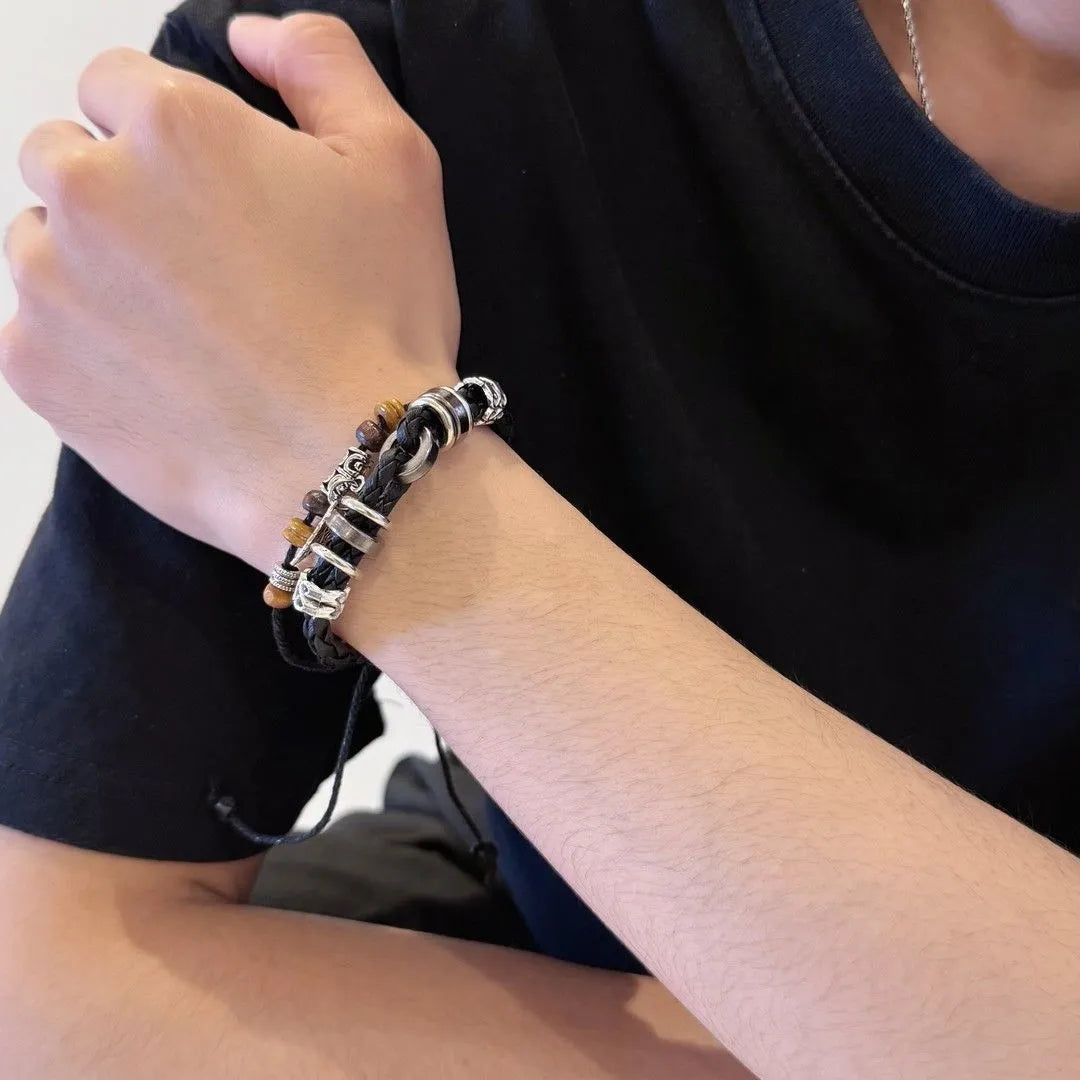 1pcs Double Layer Braided Leather Wooden Bead Leaf Charm Bracelet, Vintage Boho Ethnic Style, For Men Women Daily Outdoor Wear & Couple Holiday Gifts