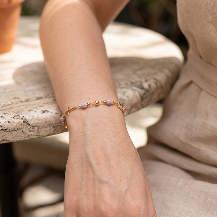 Real Mustard Seed Cross Bracelet For Women, 18K Gold Plated Stainless Steel Natural Stone Beads Bracelet, Religious Christian Faith Gift
