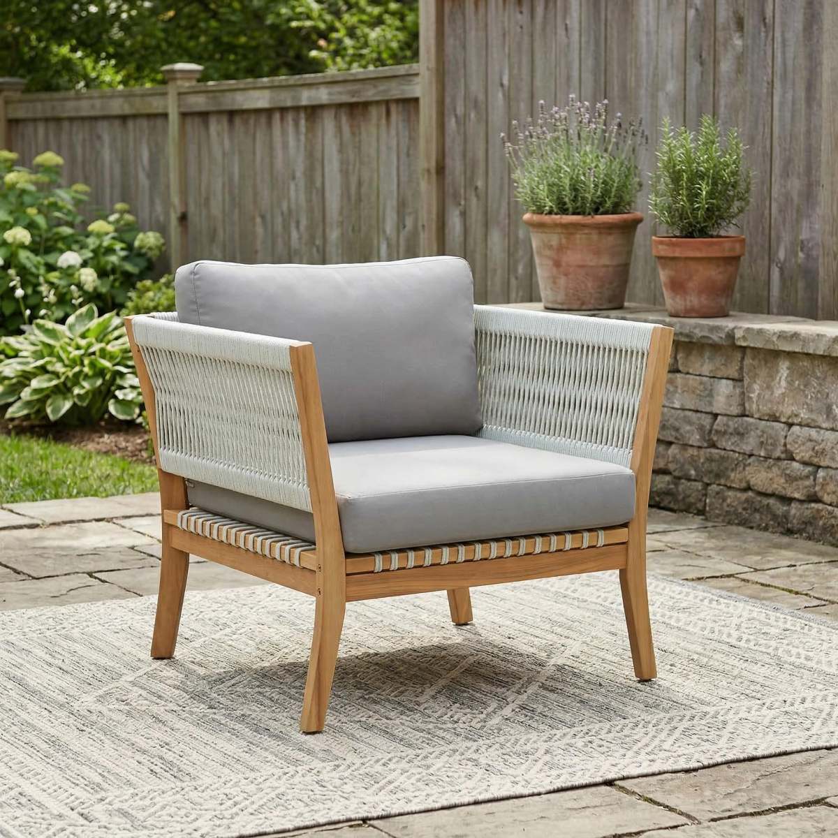 30.3" Outdoor Acacia Wood Patio Chair with Woven Rope Accents, Weather-Resistant Single Lounge Chair with Thick Cushions, Modern Accent Chair for Backyard, Deck, Poolside