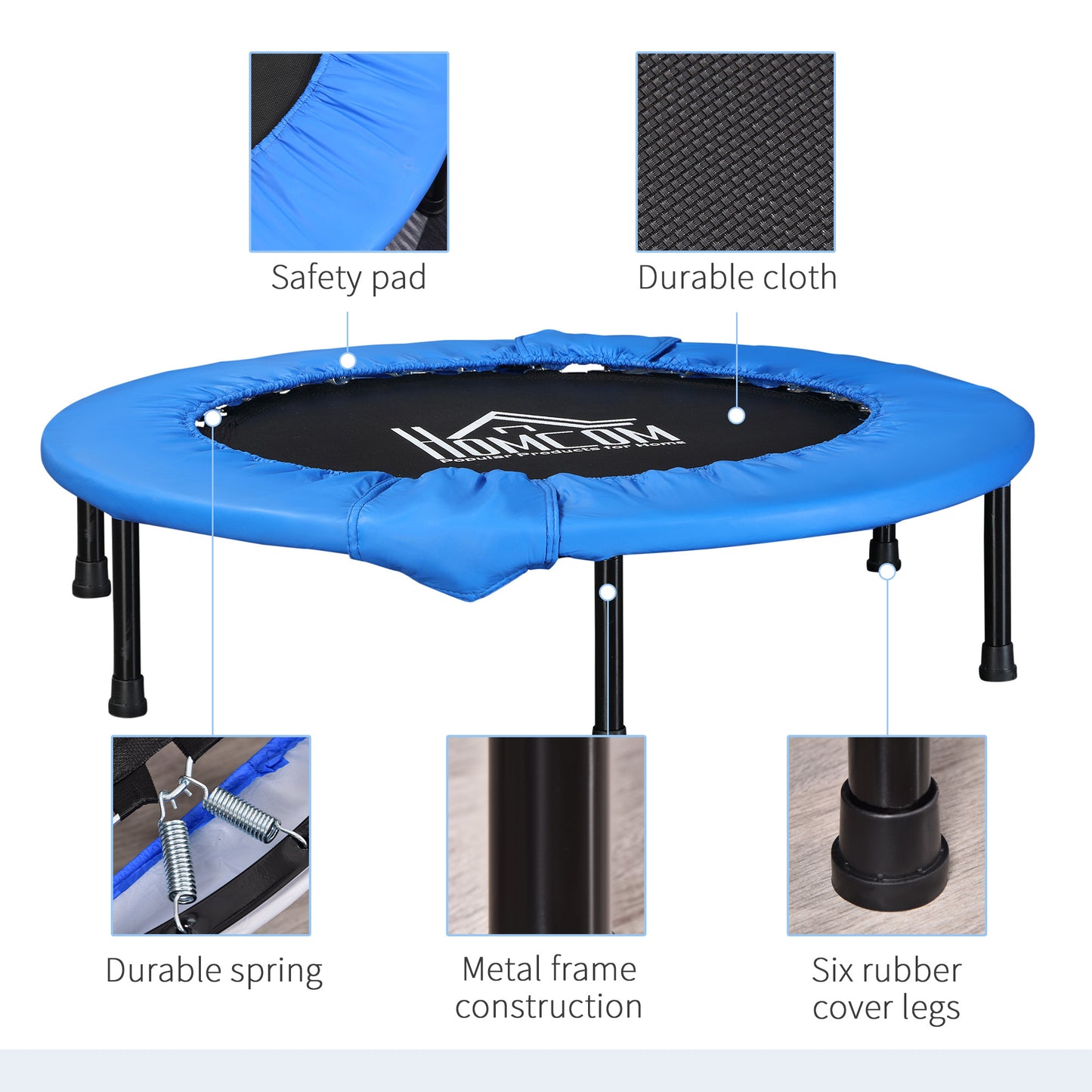 38" Mini Fitness Trampoline Home Gym Yoga Exercise Rebounder Indoor Outdoor Jumper With Safety Pad, Support Up To 150 KG, Blue And Black