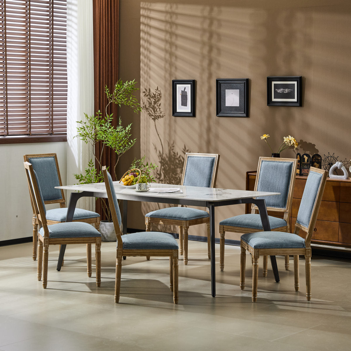 [Set of 6] French Country Dining Chairs - Elegant Cane Backrest & Upholstered Seats with Fluted Legs - Rustic Weathered Finish - Solid Rubberwood Frame - Vintage Inspired Kitchen & Dining Room Chairs