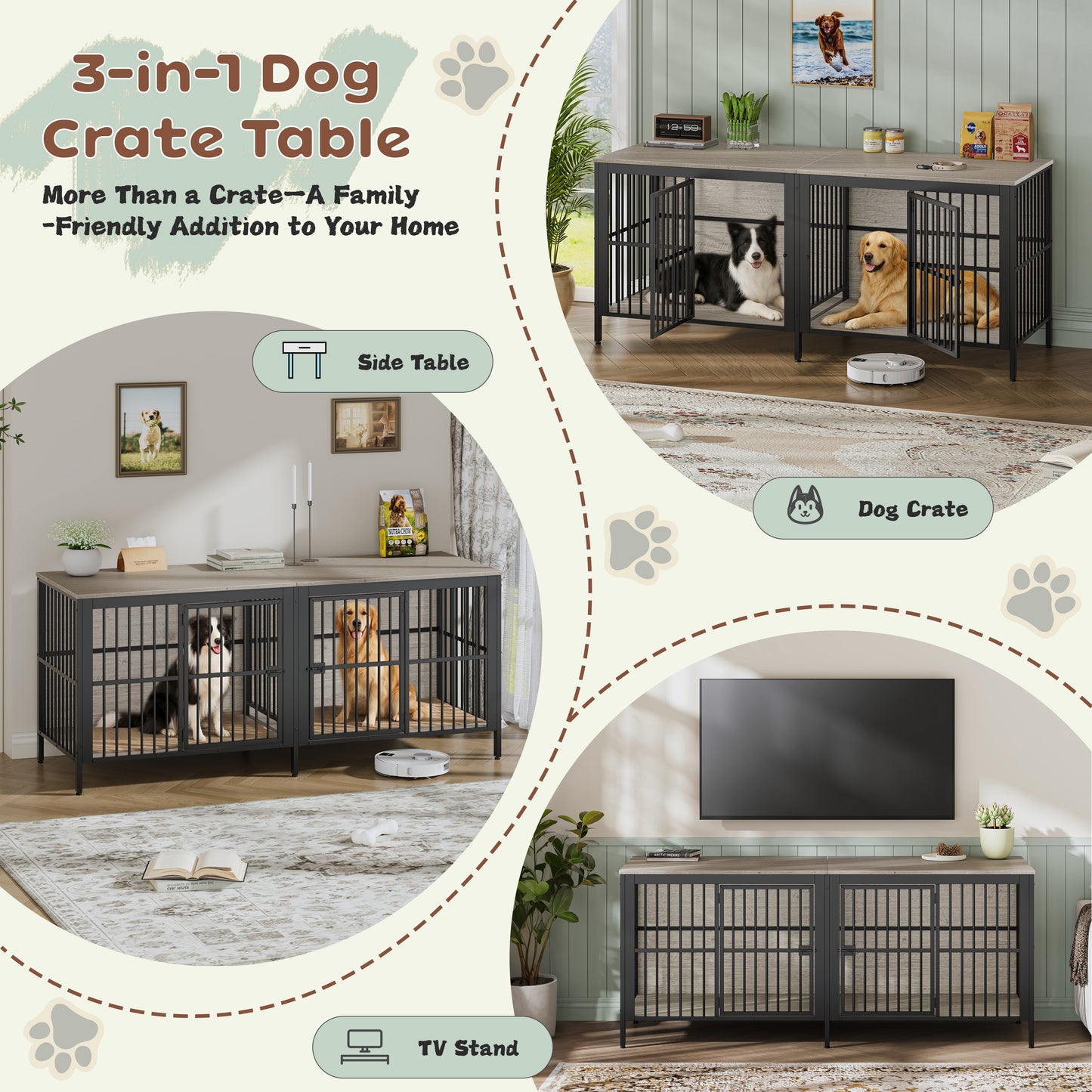 80  Dog Crate End Table, Heavy Duty 2-Door Indoor Pet Kennel, Multipurpose Dog House Furniture As TV Stand Or Side Table For Living Room, Large & Medium Dogs, Grey.