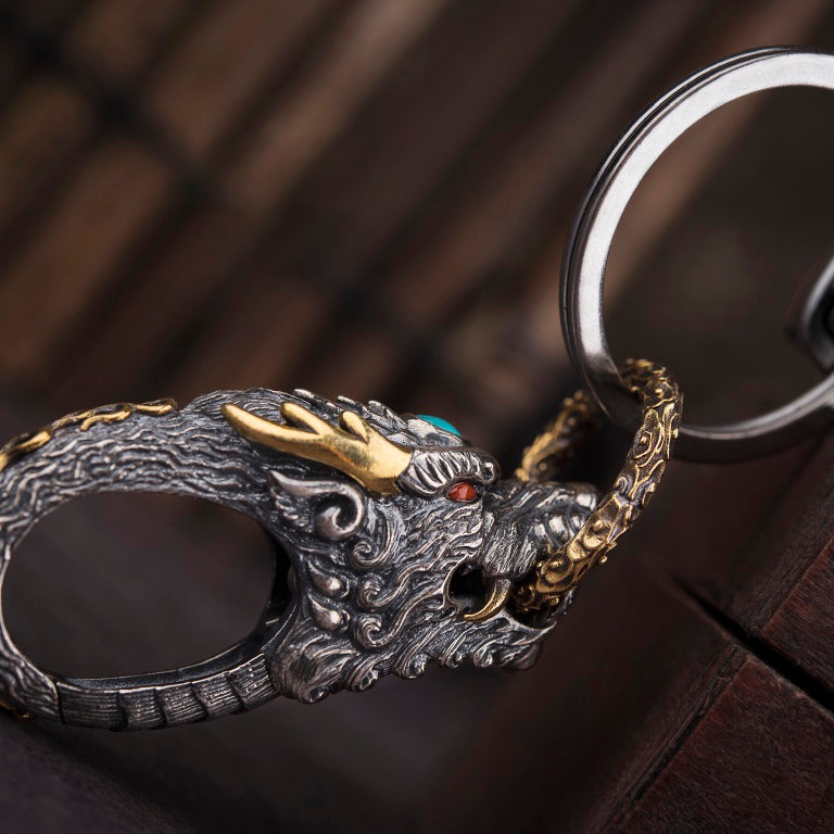 1pcs 925 Sterling Silver Dragon Head Keychain, Retro Punk Style, For Daily Use & Car Key Holder, Unique Gift For Men