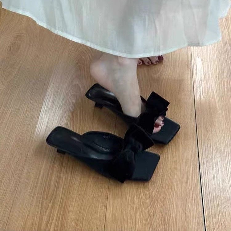 Women's French Bow Sweet Square Toe Slide Sandals, Summer Outdoor Wear Anti-Slip Thin Low Heel Mules, Match With Dresses