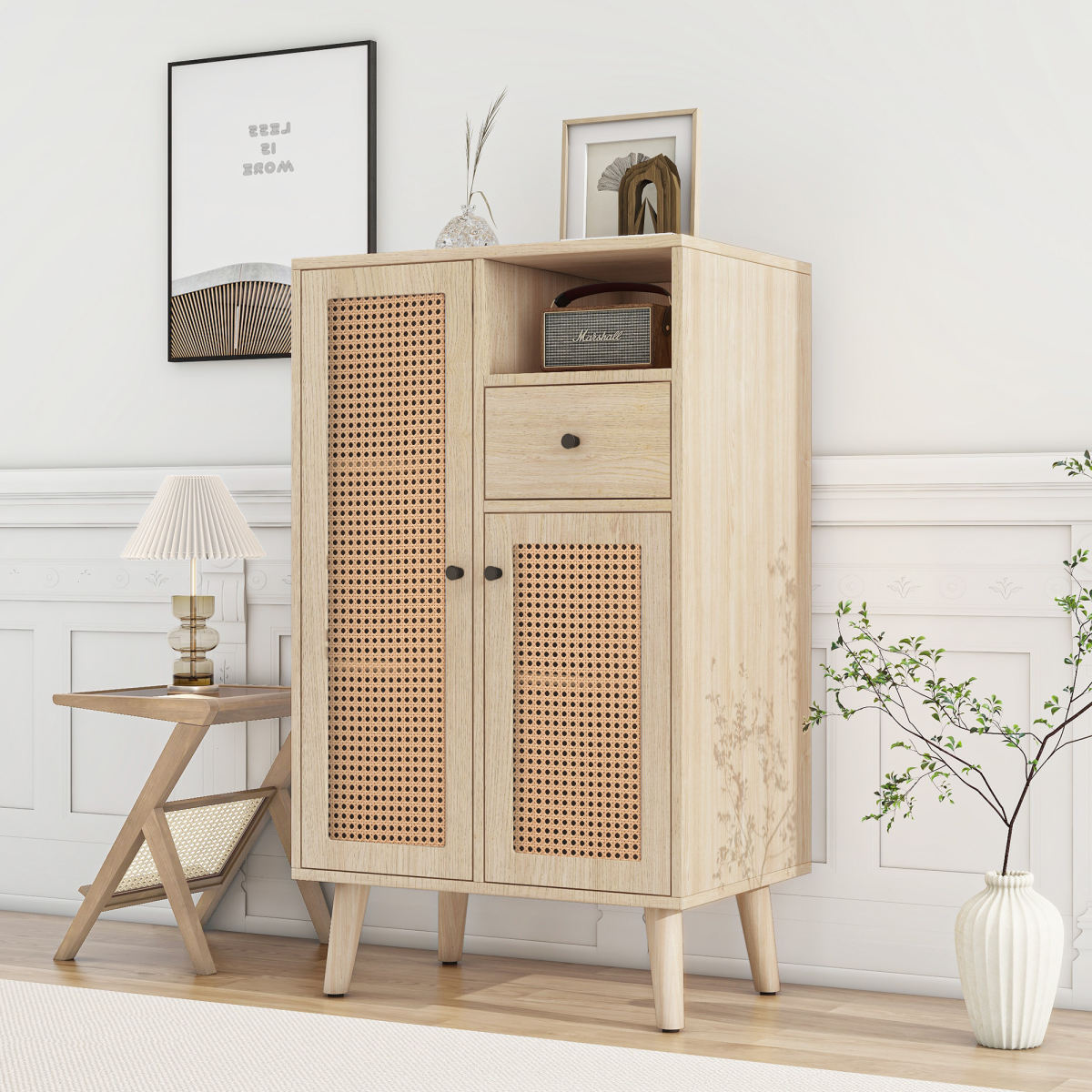 Sideboard In Wood Look, 2 Rattan Doors, 1 Drawer, Corner Cabinet, Chest Of Drawers, Standing Cabinet Storage Cabinet Sideboard With Large Storage Space, 60x40x101c
