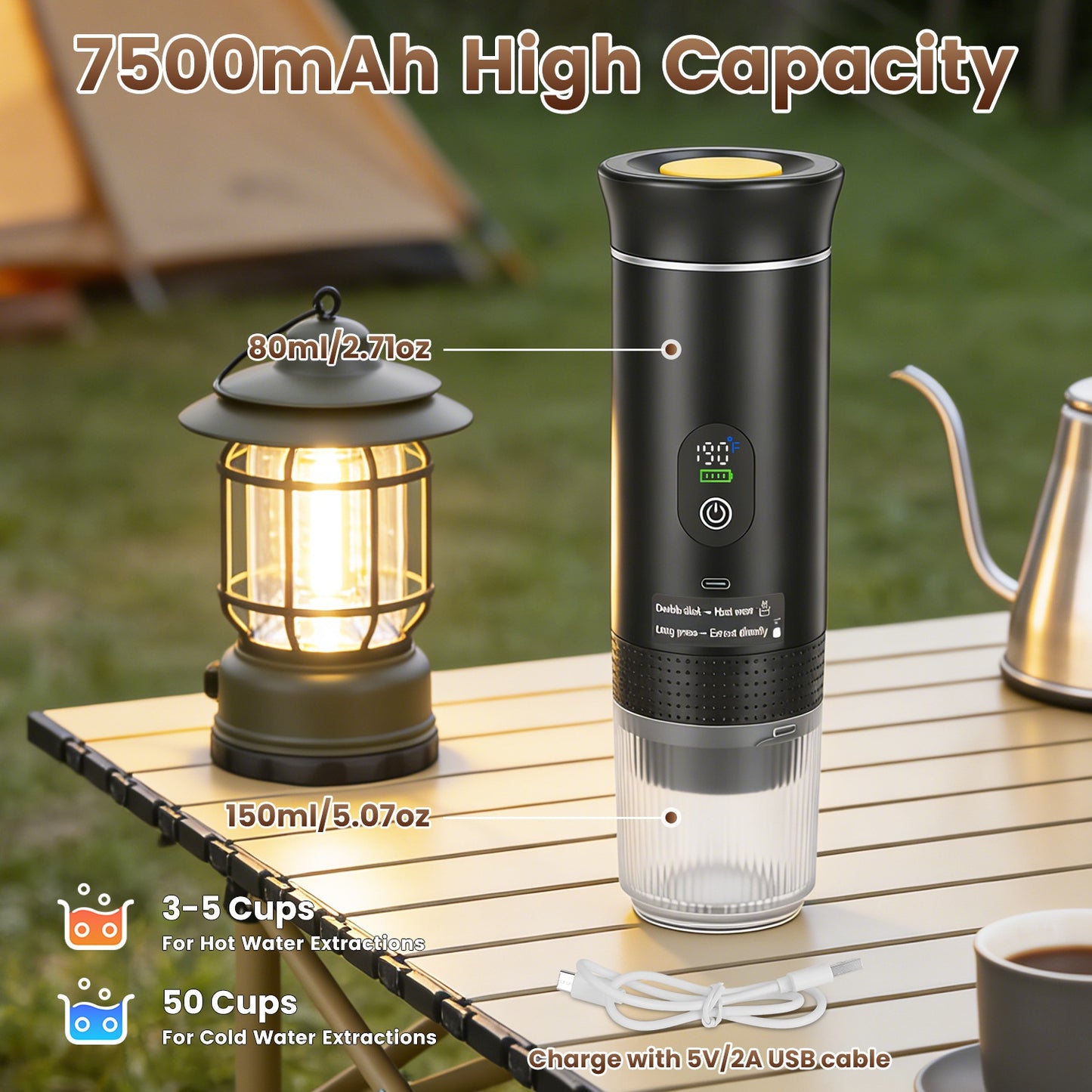 3 In 1 Portable Espresso Machine Cordless Mother Day Self Heating Coffee Maker With 7500mAh Battery Heating 20Bar Pressure Anti Dry Burn Fit For Ground Coffee Capsules For Camping Hiking RV Home