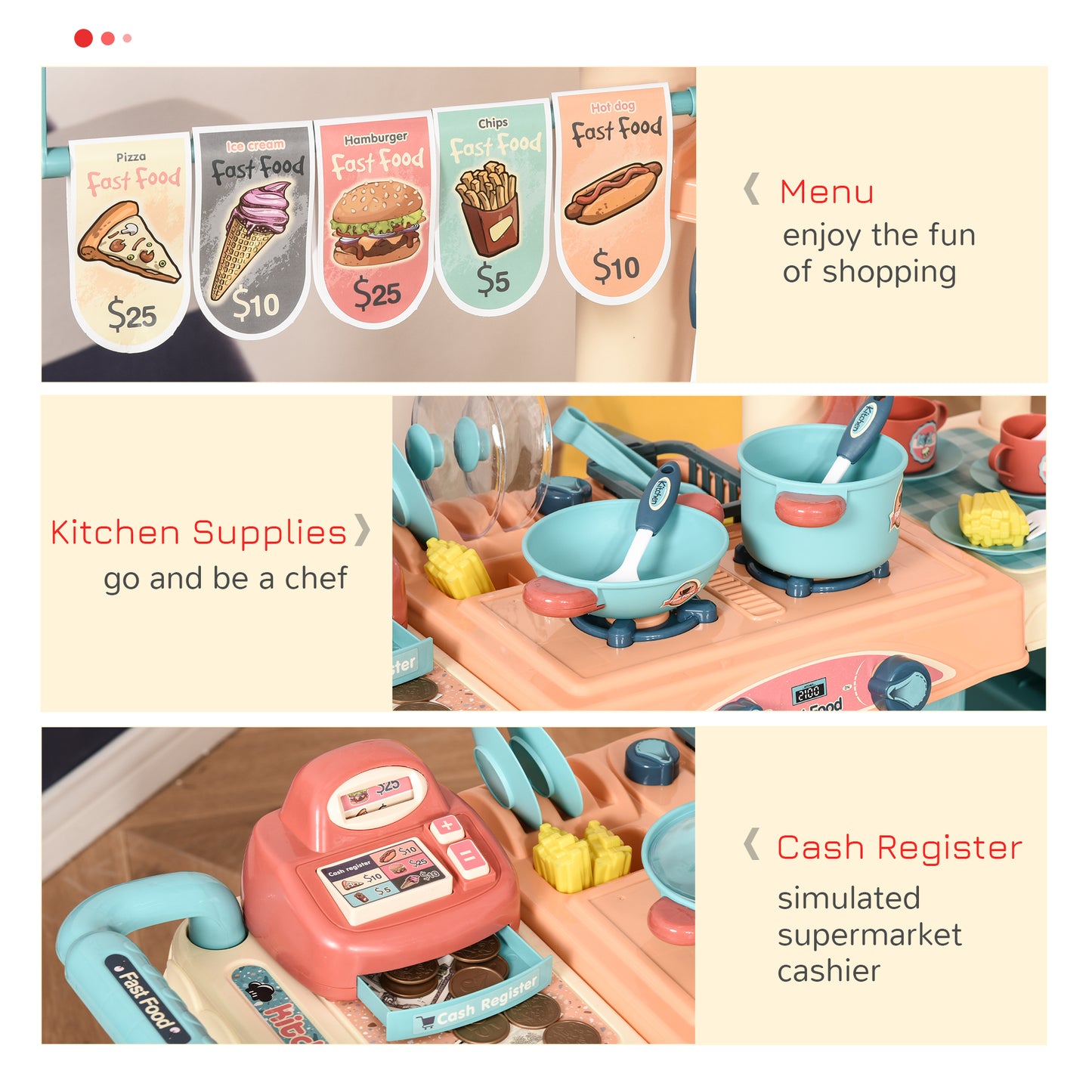 50 Pcs Kids Kitchen Play Set Fast Food Trolley Cart Pretend Playset Toys With Play Food Cashier Register Accessories Gift For Boys Girls Age 3-6