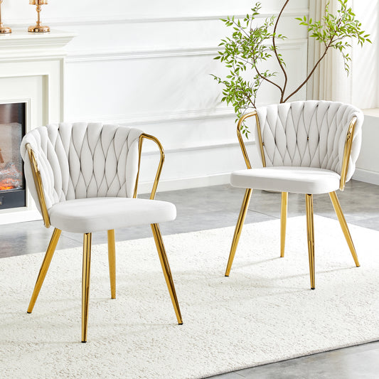 Dining Chair With Velvet Cover, Modern Upholstered Chair With Woven Backrest & Golden Metal Legs, Ergonomic Armchair For Dining Room, Living Room & Kitchen, Cream-Gold