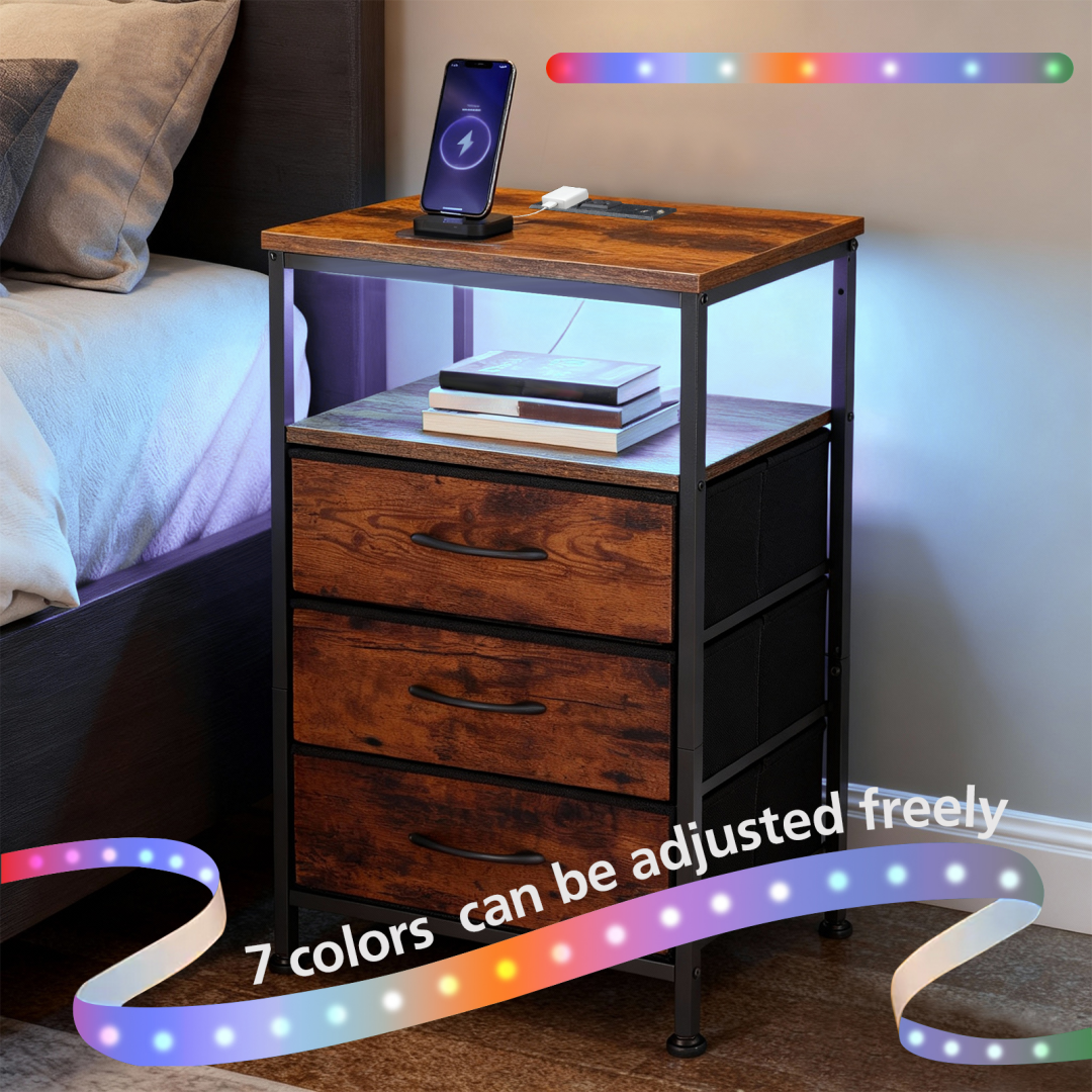 Nightstand With Charging Station, Bedside End Table With 5 Fabric Drawers & USB-Type-C Ports And Outlets