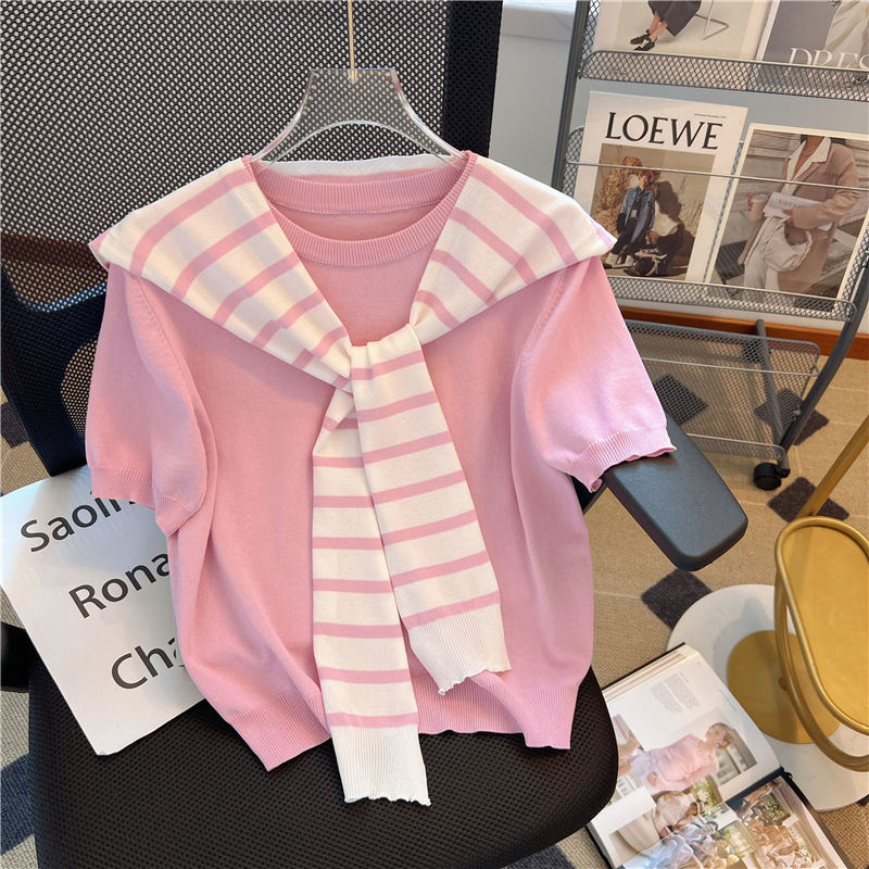 Short-sleeved Knit Top With A Chic Korean-style Faux Two-piece Shawl