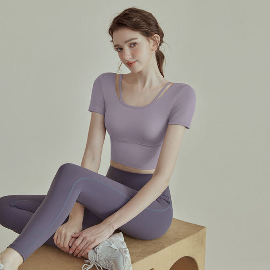 New Womens Solid-color Short-sleeve Yoga Set