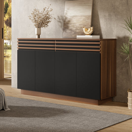 Modern Sideboard 150 X 40 X 85 Cm In Brown Wood Look With Black Doors, 2 Drawers & 4 Doors  Plenty Of Storage Space, Stylish Design For Living Room, Dining Room & Kitchen.  OLD SKU GL3356N