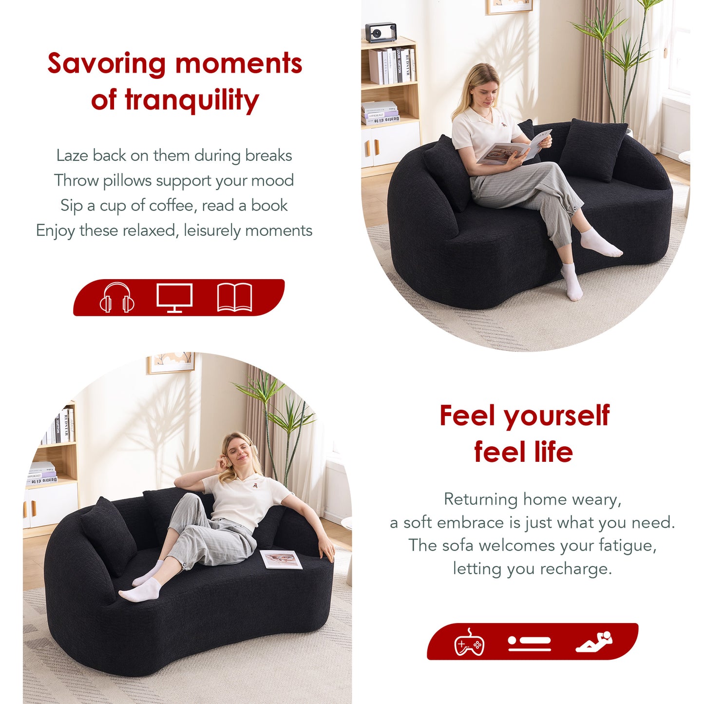 LY-049S Curved Modern Boneless Sofa Loveseat  Backrest Upgrade  2-Seater Black Chenille Compression Couch With 3 Pillows  Minimalist Modular Couches For Living Room  Office  Apartment  Guest Room