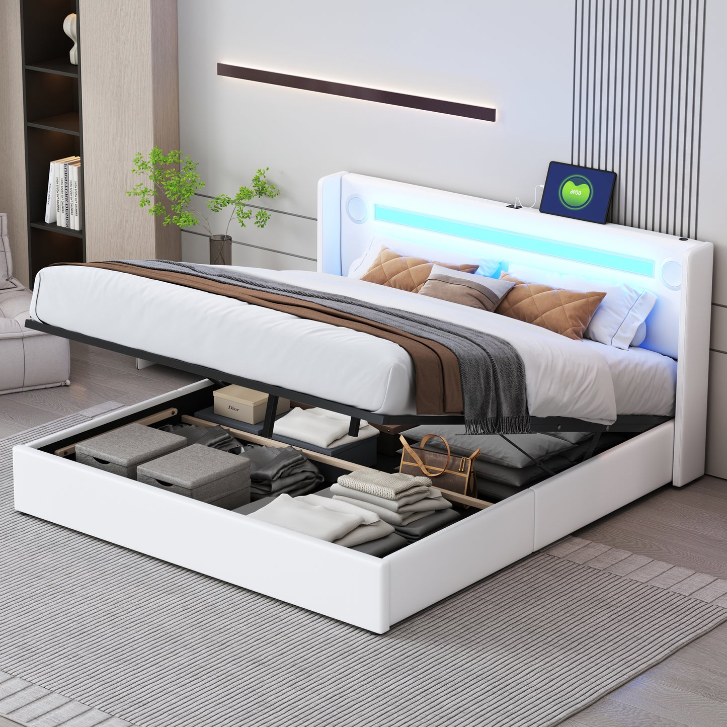 Upholstered Bed 160x200 Bed With LED Light Strip, Bluetooth Player And USB Charging, Storage Bed Made Of PU Leather, Loft Bed Box, Double Bed With Slatted Base White