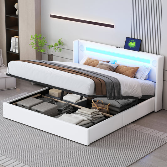 Upholstered Bed 160x200 Bed With LED Light Strip, Bluetooth Player And USB Charging, Storage Bed Made Of PU Leather, Loft Bed Box, Double Bed With Slatted Base White