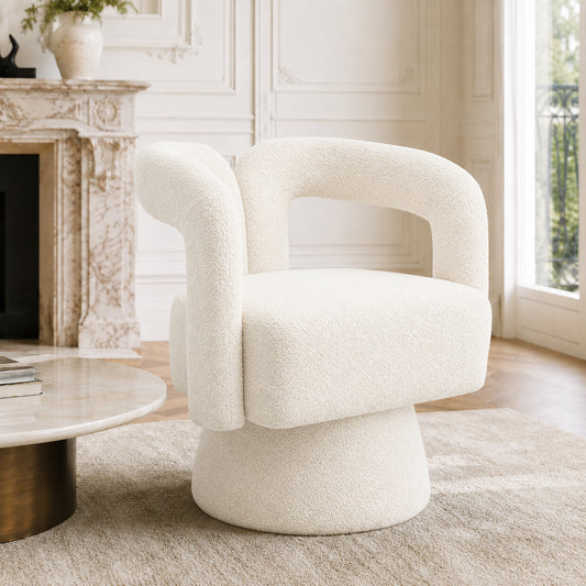 Old SKU W1880P163395 360 Degree Swivel Snuggle Barrel Accent Chairs, Round Armchairs With Wide Upholstery, Fluffy Fabric Armchair For Living Room, Bedroom, Office, Waiting Rooms, Beige