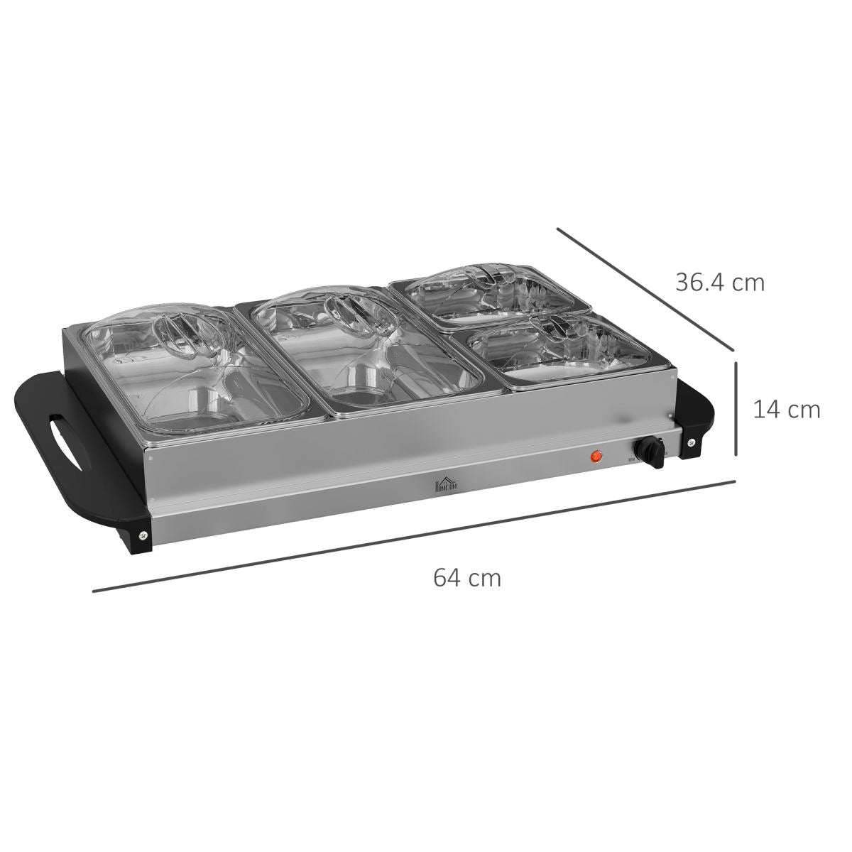 4 Tray Electric Food Warmer Buffet Server With Warming Plate, Cool Touch Handles, Adjustable Temperature, 300W, 2 X 2.4L And 2 X 1L Pans