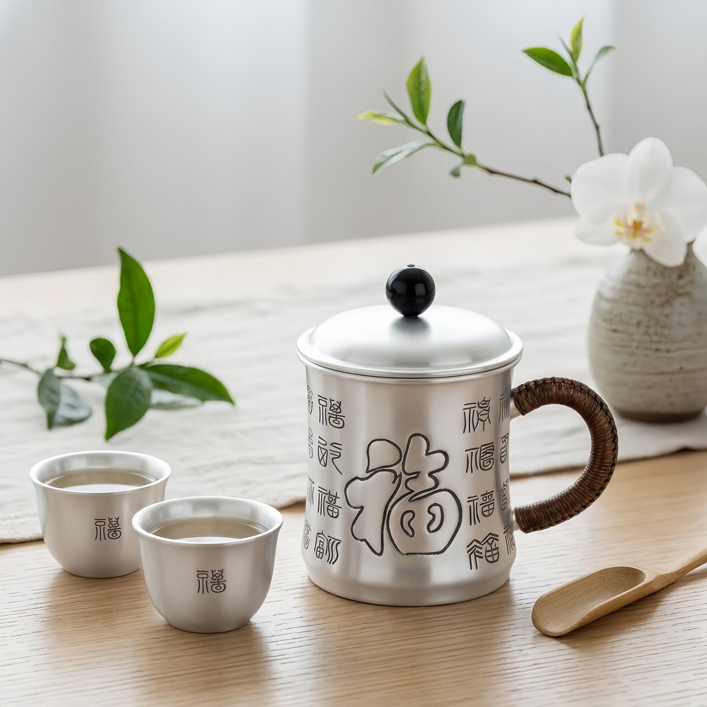 925 Sterling Silver Traditional Silver Finish Tea Mug with Blessing Characters and Rattan Wrapped Handle - Handicraft