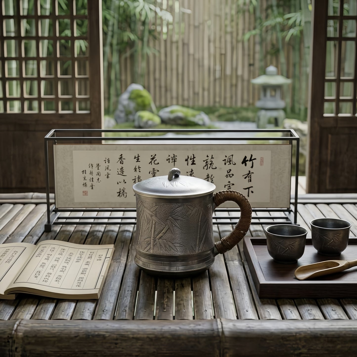 925 Sterling Silver Vintage Pewter Tea Mug with Bamboo Engravings and Rattan Wrapped Handle - Handicraft