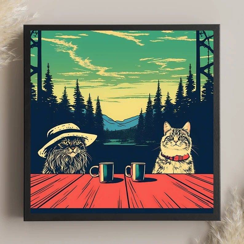 Retro Nostalgic Framed Wall Art For  And Restaurants Adorable Cartoon Cat Pet Design