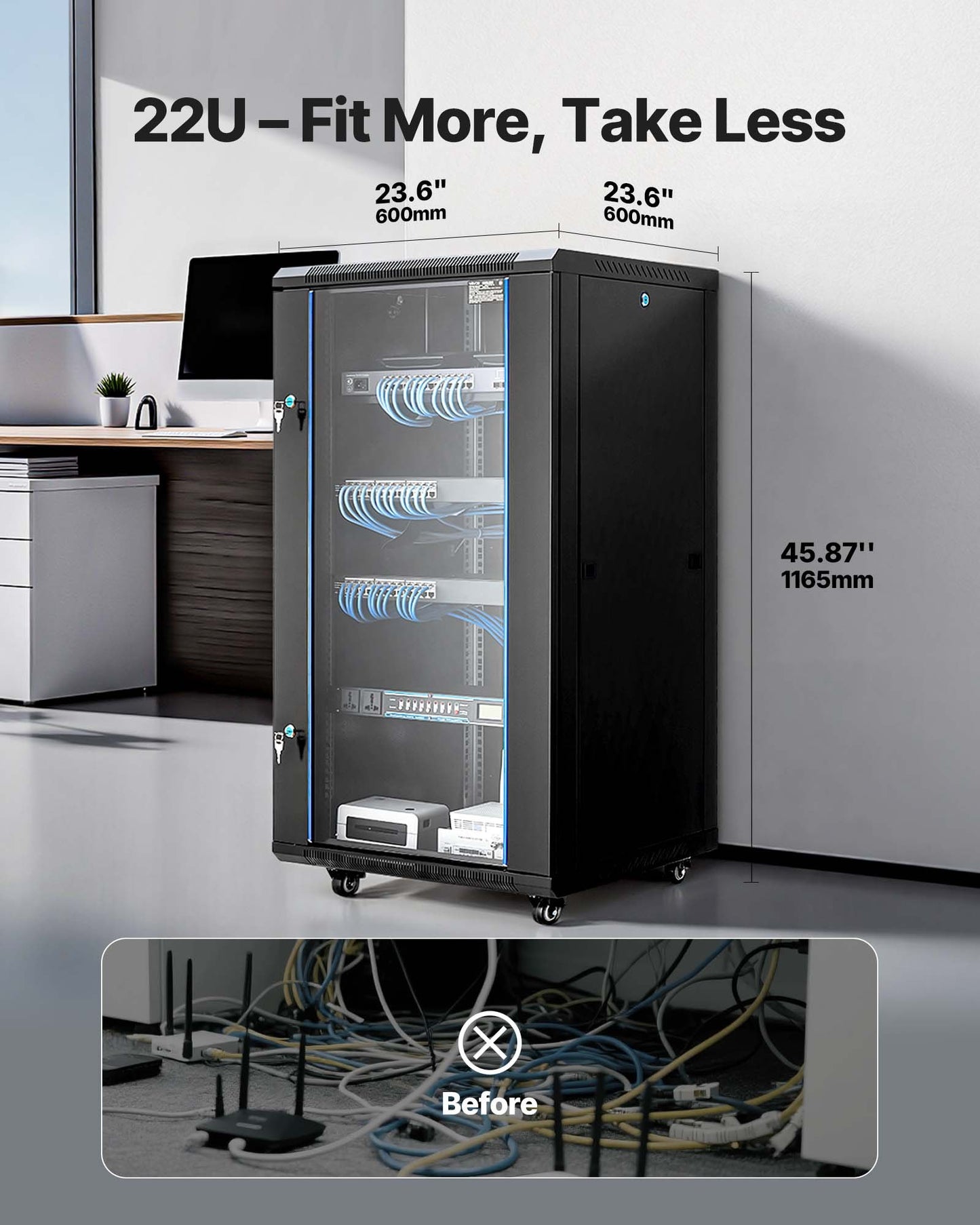 22U Network Cabinet Wall Mount, 23.6 In Depth, 300 Lbs Max Load Capacity Server Cabinet Rack Enclosure With Locking Tempered Glass Door, Side Panels, Server Rack For IT Equipment, A/V Devices