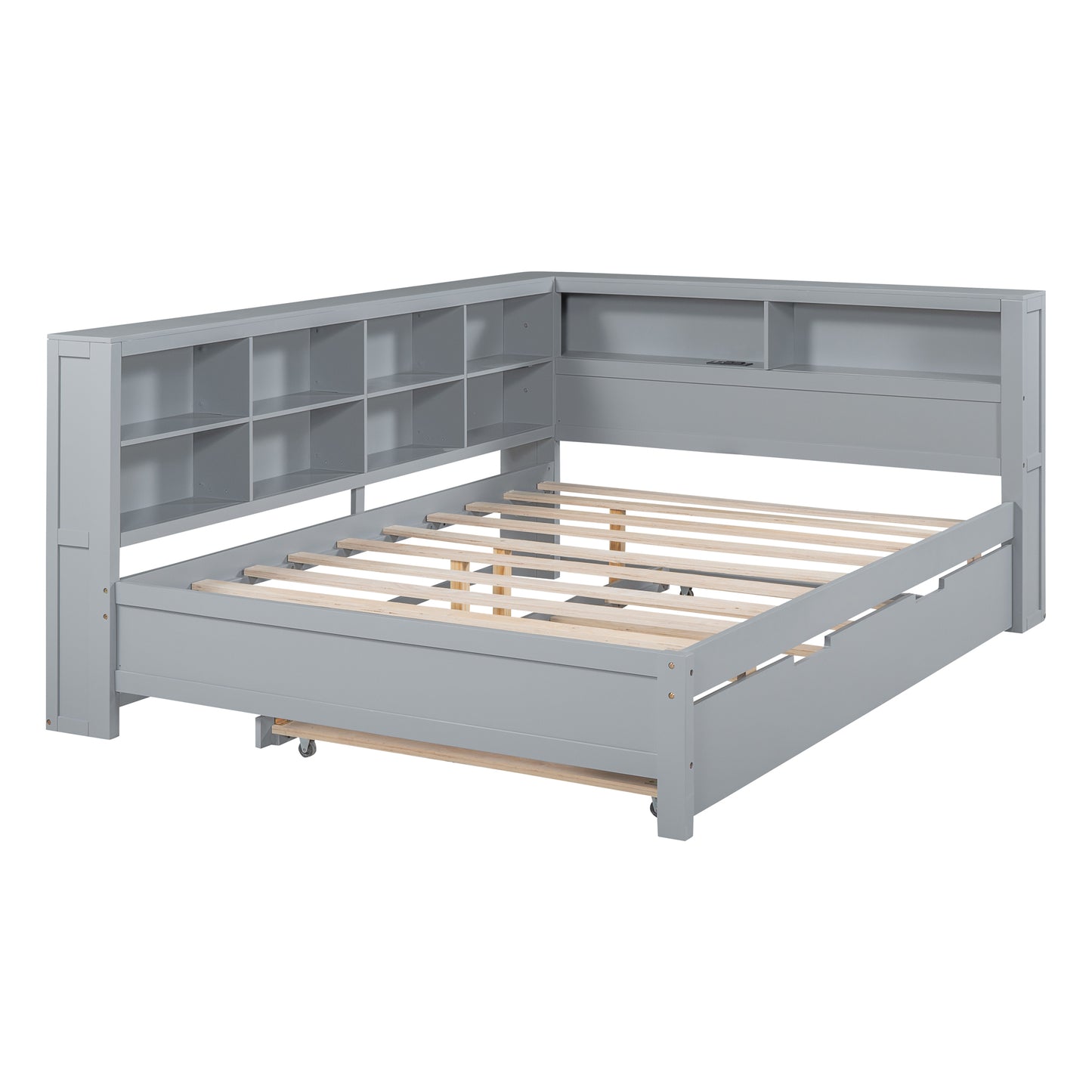 Wooden Full Size DayBed With Twin Size Trundle, DayBed With Storage Shelf And USB Charging Ports,Grey