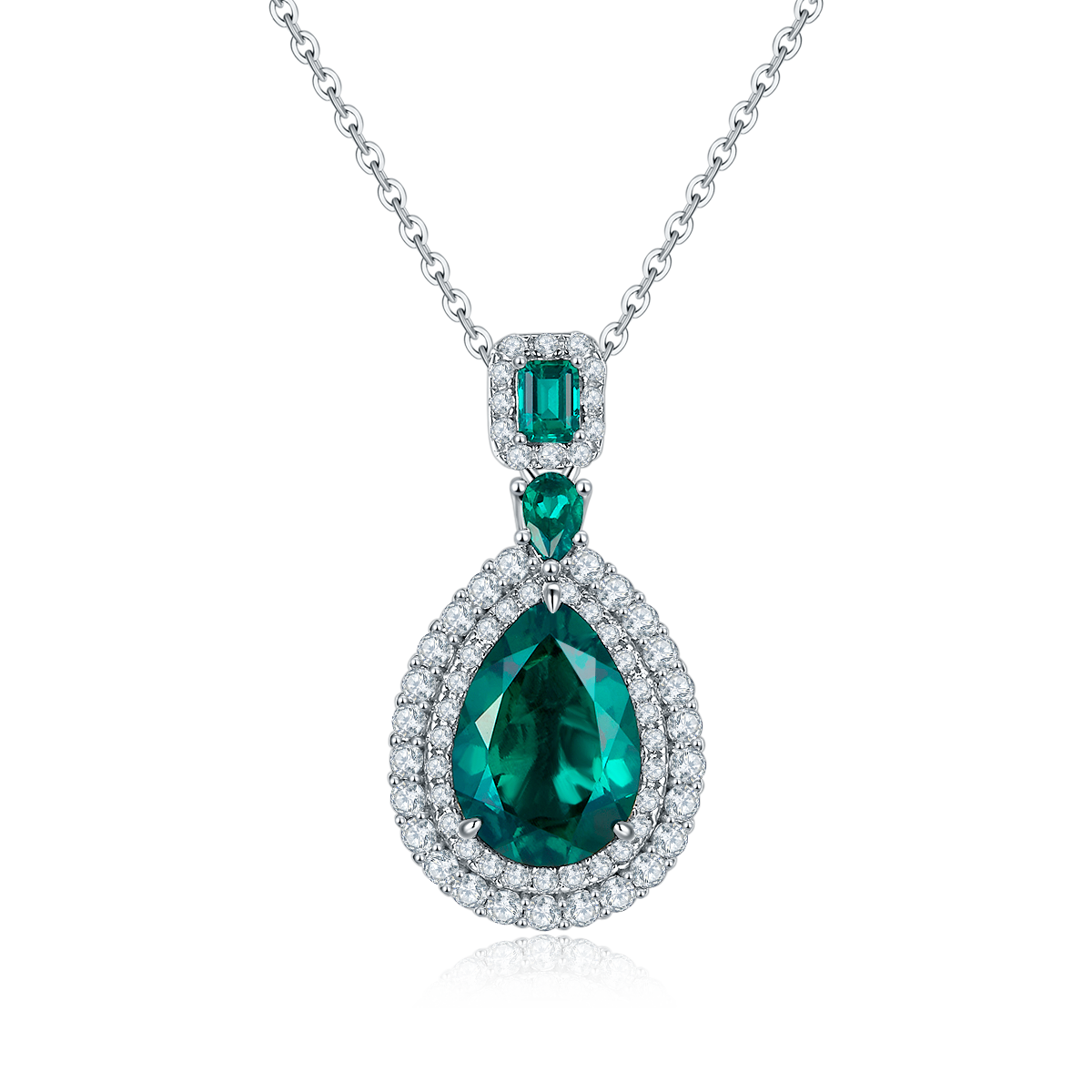 S925 Sterling Silver Lab-Grown Ruby Emerald Necklace, 13x9mm Pear Double Halo Pendant, Platinum Plated 40&45cm Chain, 5.8g Women's Gift Box