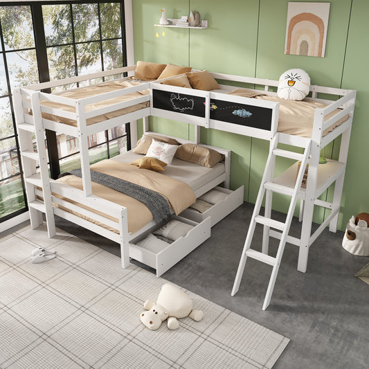 Childrens Loft Bed ,Three Children Can Sleep In The Cot, Has Storage Drawers,made Of Pine Wood, Bunk Bed, Cot With Desk And Shelf, 140x200cm,90x200cm,white