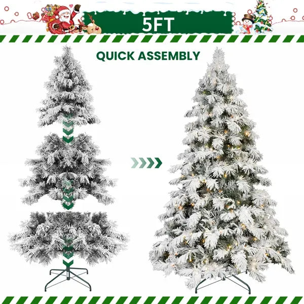 Artificial 6ft Flock LED-lit Christmas Tree With 594PE/PVC Mixed Branch Tips,Hinged Premium & Foldable Base For Indoor Holiday Decorating