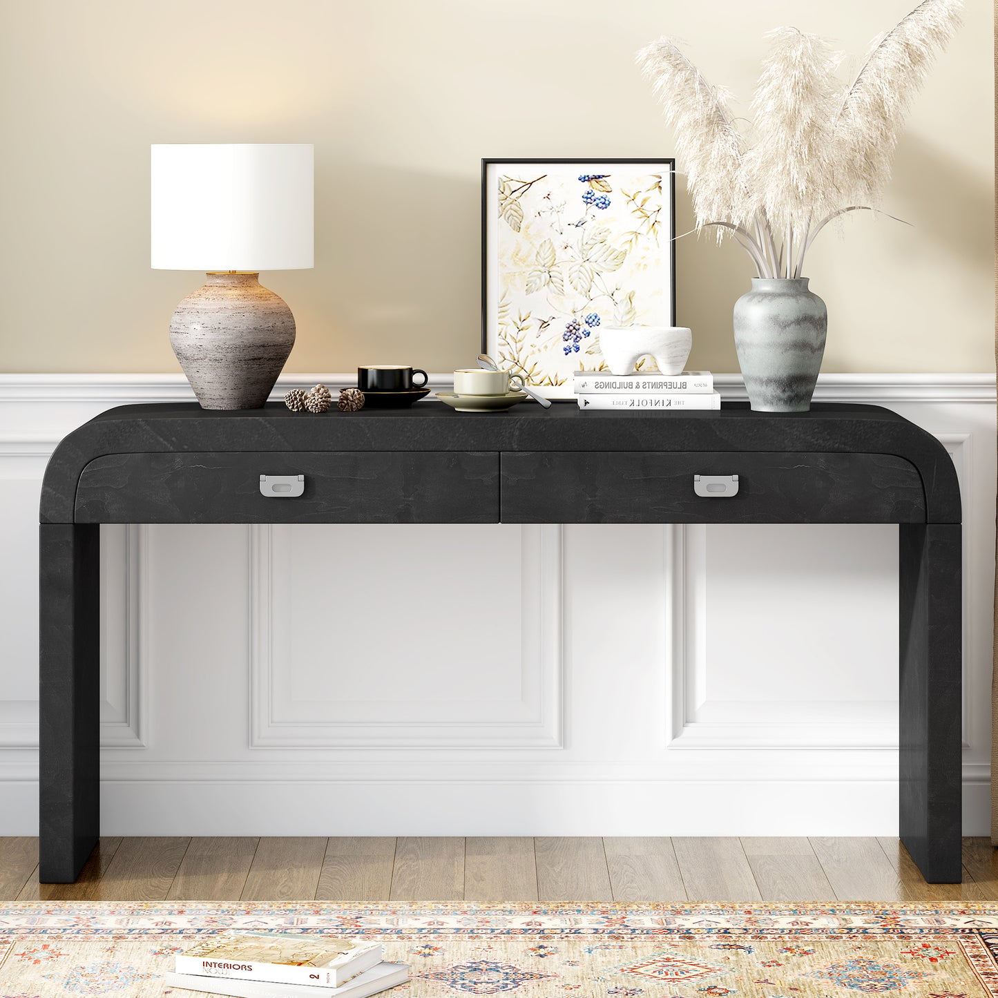 U-STYLE 60 Wooden Entryway Table With Burl Veneer  Console Table With 2 Large Drawers And Metal Handles Multi- Functional Sofa Table With 2 Sturdy Legs Suitable For Living Room  Foyer Hallway  Office