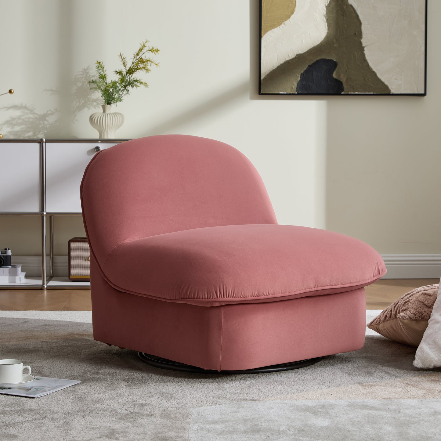 Swivel Accent Chair, 360 Degree Metal Base With Velvet Fabric Upholstery, Comfy Pumpkin Shaped Swivel Chair For Living Room, Bedroom, Or Office