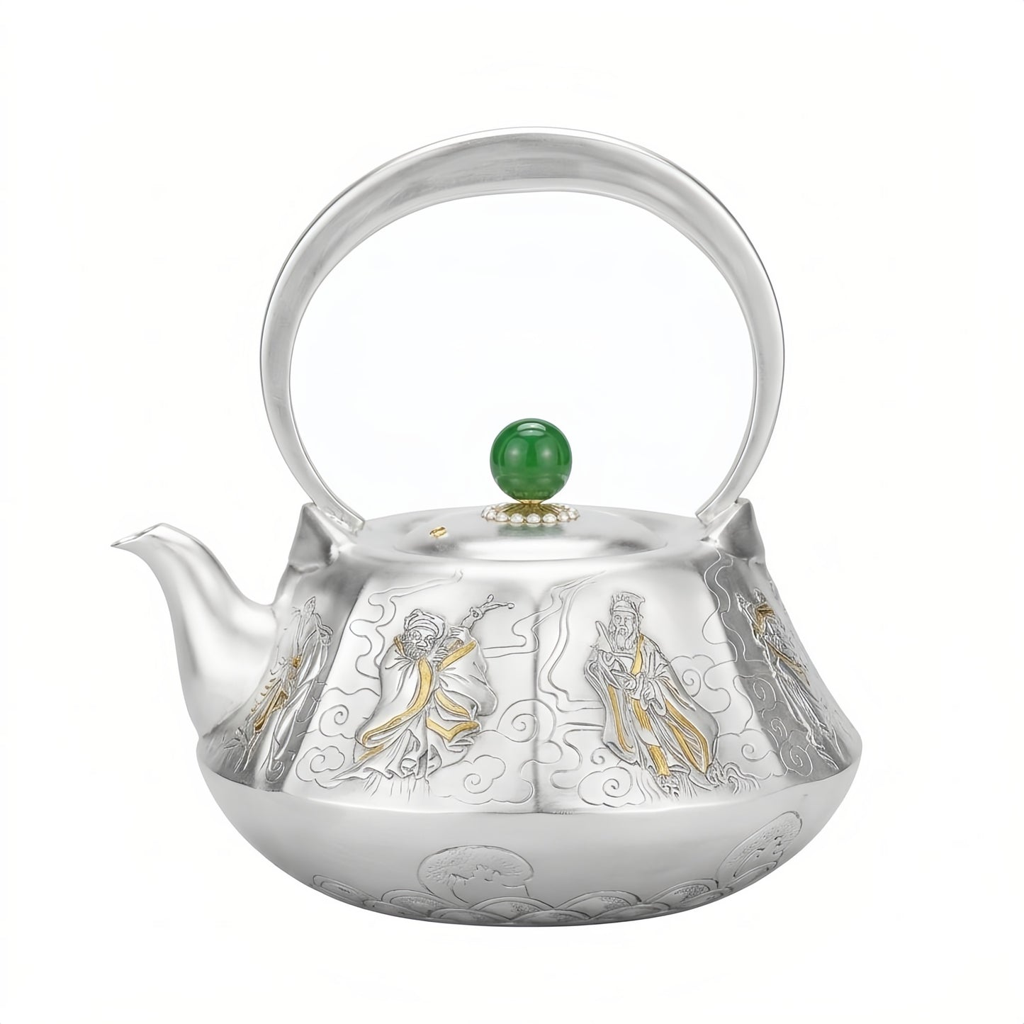 925 Sterling Silver Elegant Silver Tea Kettle Featuring Gilded Traditional Imagery and a Polished Green Jade Accent - Handicraft