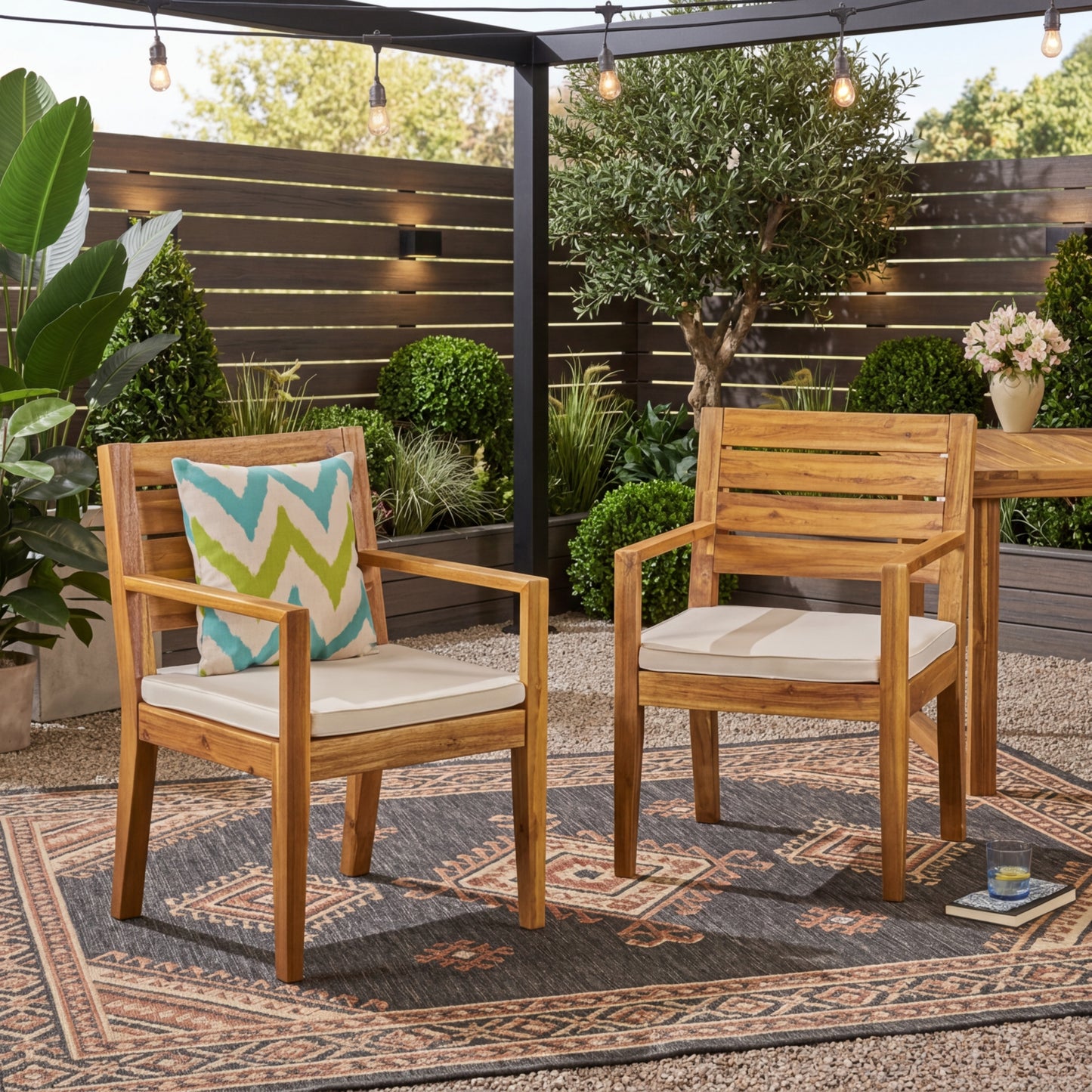 Outdoor Dining Chair Set Of 2,Sandblast Natural Stained With Beige Cushion