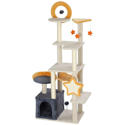 PawHut 63 Inch Moon And Star Themed Cat Tree With Scratching Post, Hammock, Condo, Bed, Scratching Board & Cat Toys, Beige