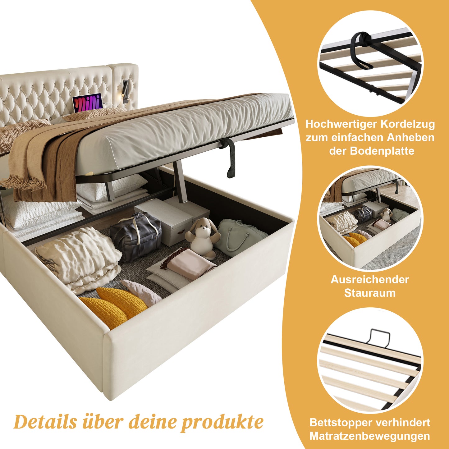 AB30260234B Bed System Bedroom Complete Set,Upholstered Bed Hydraulic Storage Bed Double Bed 160X200 Cm With 2 Bedside Tables, Headboard Reading Light With USB Charging Function, Beige, Velvet  With