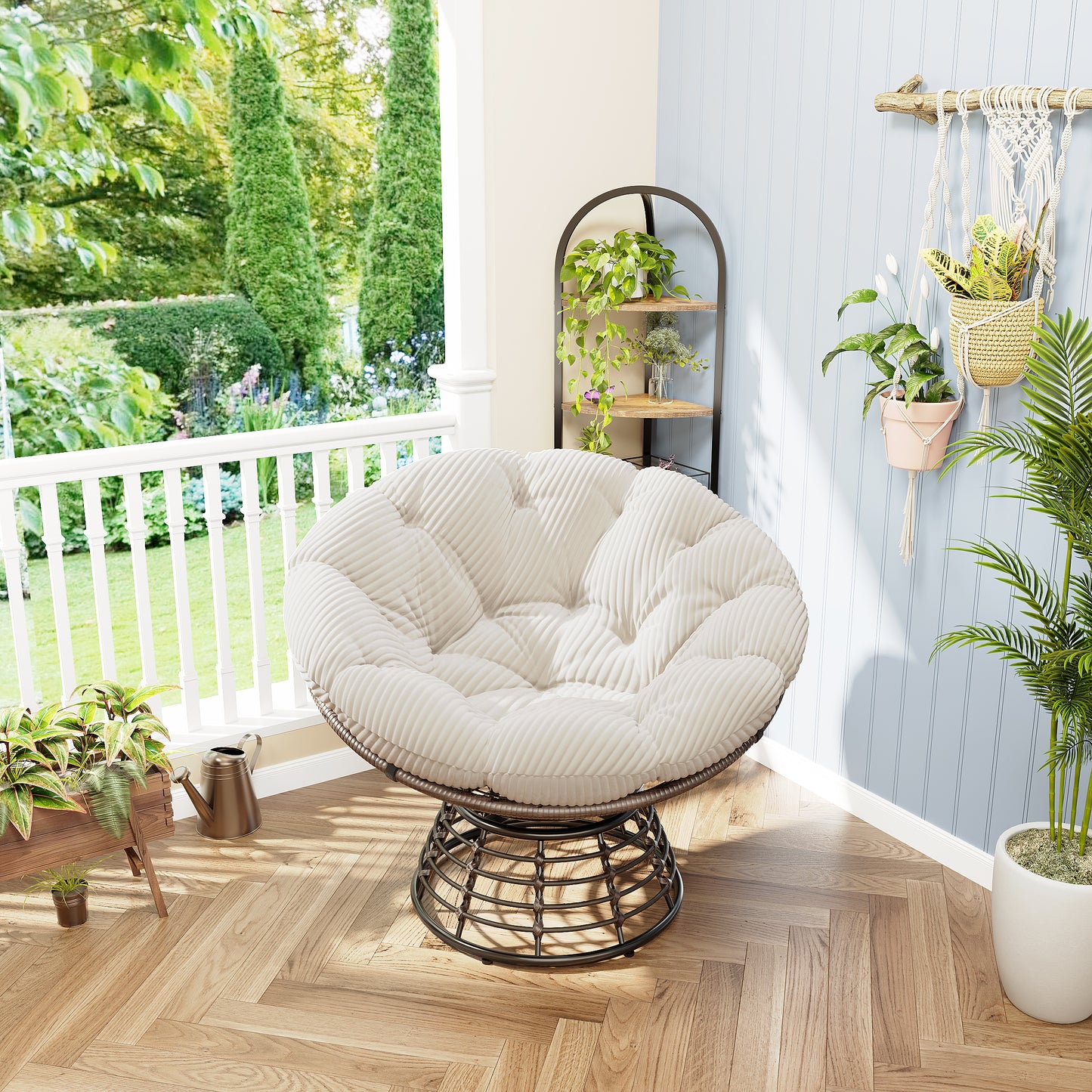 Comfortable Ergonomic Wicker Papasan Chair, 360 Swivel Indoor Outdoor Rattan Chair With Soft Thick Cushion, Ideal For Living Room, Bedroom, Reading Room, Brown Frame With White Cushion Corduroy