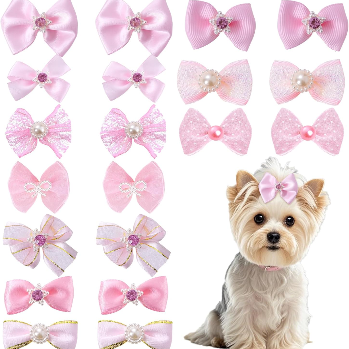 20 PCS Cute Dog Hair Bows With Rubber Bands Elastic Handmade Mix Style Lace Rhinestone Pearls For Furry Puppy Cat Pet Girl