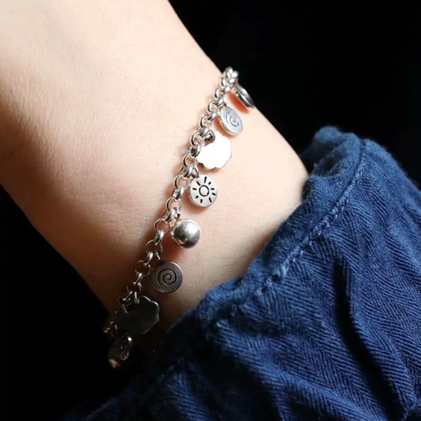 1pc 999 Sterling Silver Sun & Cloud Charm Bracelet, Retro Style, Perfect For Daily Wear And Valentine's Gift