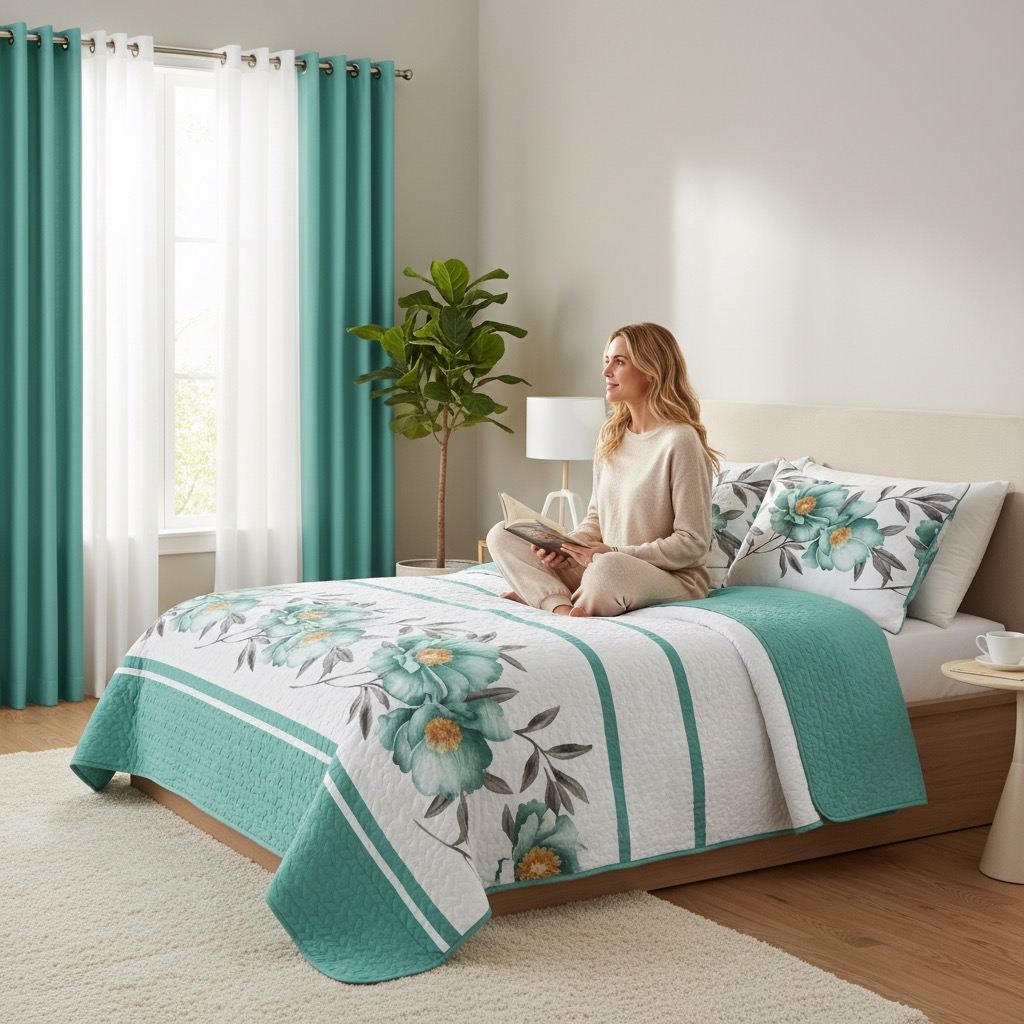 9 Piece Room In A Bag Quilt And Curtain Set, US Designer Teal Floral Botanical Print Heavyweight Bedspread With 6 Customizable Window Panels, Pet-Friendly High GSM Coverlet