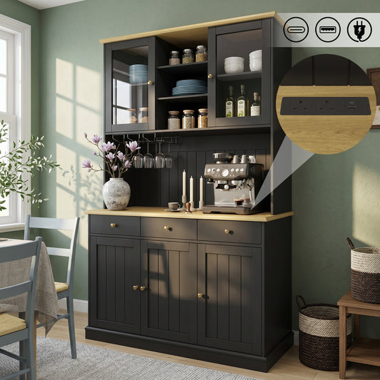 Kitchen Cabinets   120 X 40 X 191 Cm  , Tall Kitchen Cabinets, Sideboards,  Features Include A Power Outlet   2 Power Outlets  USB-A  USB-C   And A Wine Glass Holder, Adjustable Shelves,  Black