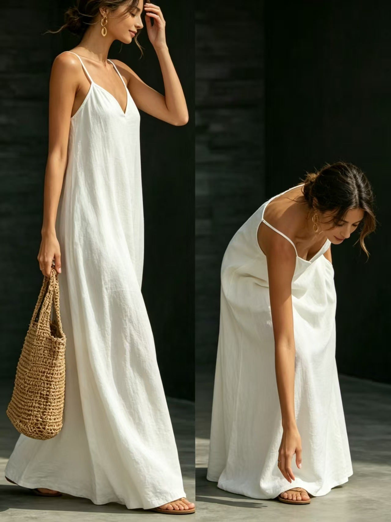 Summer V-Neck Spaghetti Strap Flowy Maxi Dress - Casual Fashion Solid Color Long Dress For Women Vaction Dress