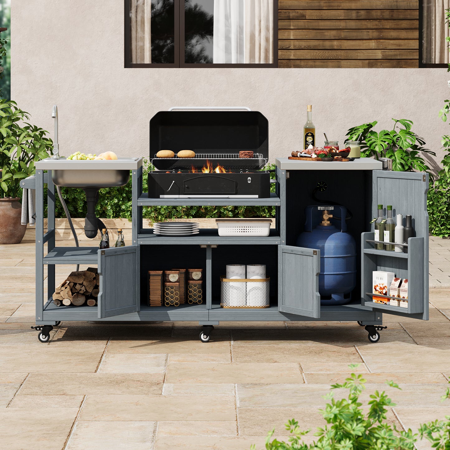 K&K 75.4  Outdoor Kitchen Island With Sink, Solid Wood Outdoor Grill Cart For XL Green Egg Grills, Rolling Outdoor Bar Cart With Stainless Steel Top, For Pizza Prep & BBQ, Grey Blue